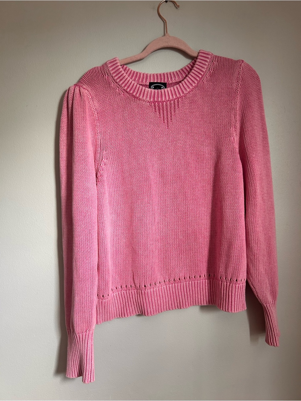 Women's Pink Crewneck Puff-Sleeve Sweater